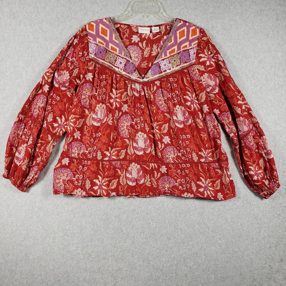 Boho floral embroidered peasant blouse red long sleeve v  bohemian M Rachel‎ Zoe